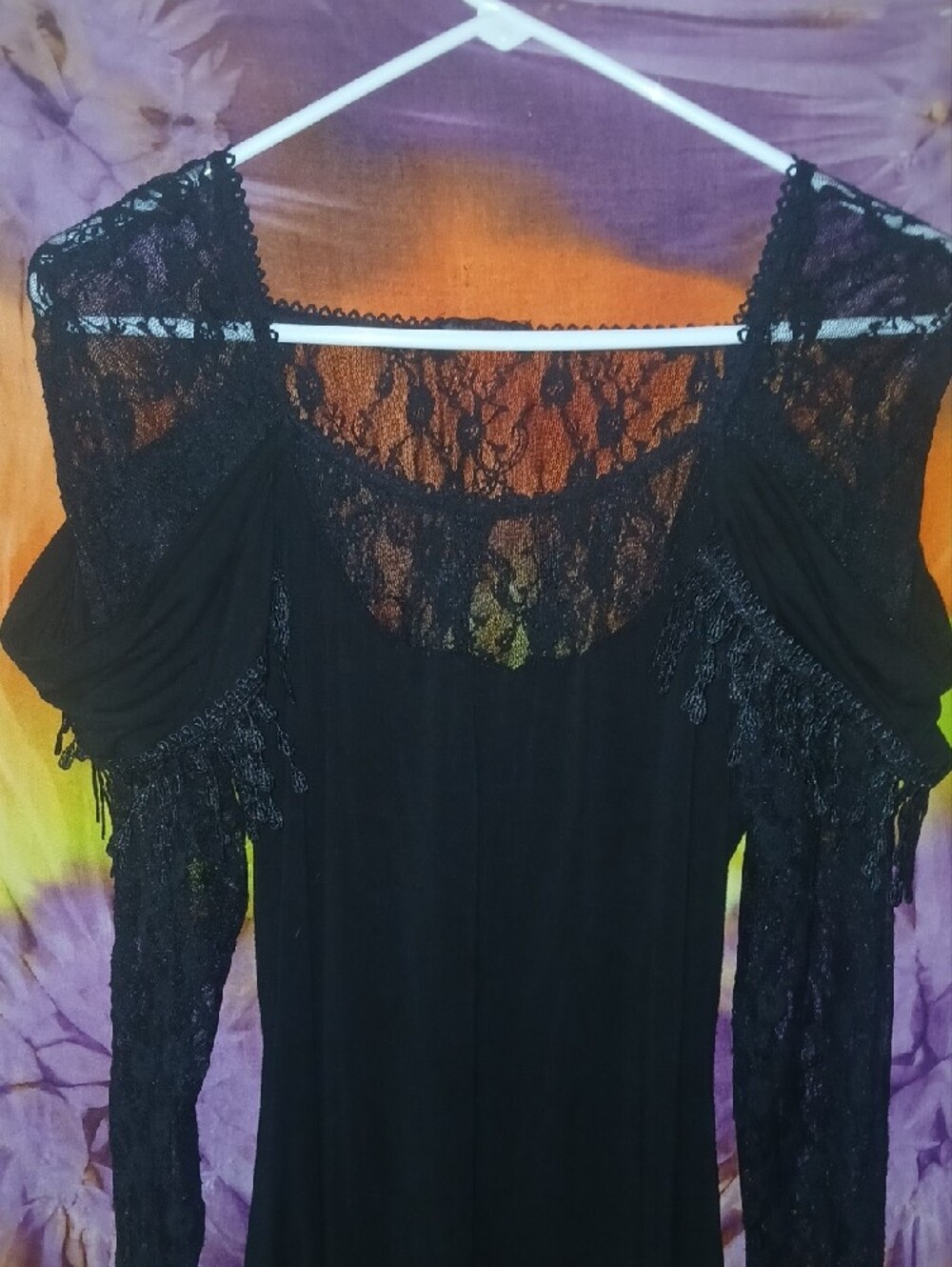 Devil Fashion Black Lace Fringe Long-Sleeve Tunic Top W/ Cowl Back